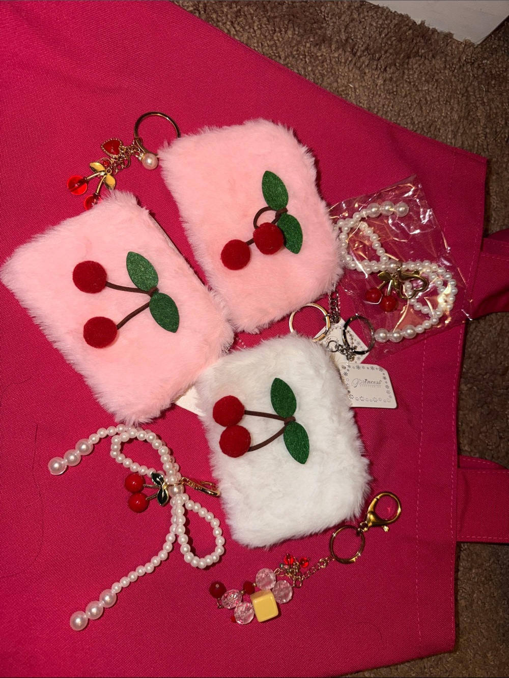 Fuzzy Cherry Keychain Coin Purse for Kids - Pink & White****Bundle of 7****